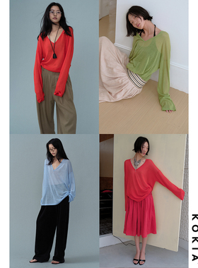 KOKIA现货莱赛尔纤维亚麻混纺柔软轻盈V领薄透落肩宽松针织衫五色