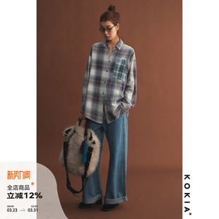 落肩宽松廓形纯棉格纹衬衫 撞色色块补丁 复古雪花洗 KOKIA现货
