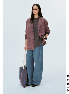 KOKIA现货 巴恩风小众环保套色炒盐做旧软洗雾紫色工装牛仔外套