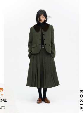 KOKIA现货 丝绒彼得潘领羊毛人字呢乖乖轻松短外套杂军绿箱形