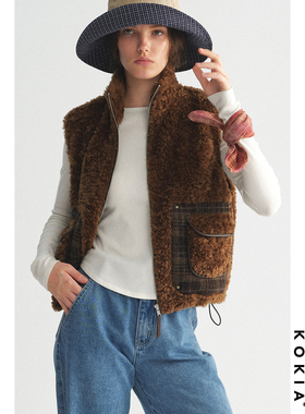 KOKIA现货 羊毛混纺泰迪暖绒 格纹拼接口袋 蓬松毛毛拉链立领马甲