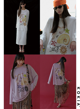 KOKIA现货 明星同款Whimsy by the Sea原创趣味印花宽松长袖Tee