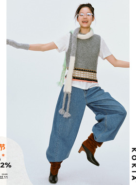 KOKIA现货 叠穿神器 费尔岛复古提花 手工感粗针毛织卷边背心