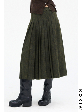 KOKIA现货 有内涵的橄榄绿羊毛人字纹百褶半裙 草间杂色过膝半裙
