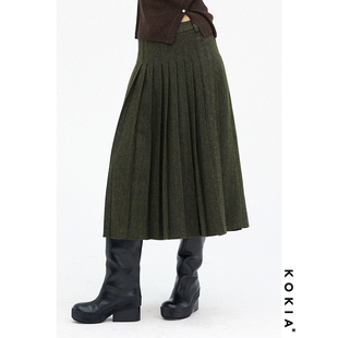 草间杂色过膝半裙 橄榄绿羊毛人字纹百褶半裙 KOKIA现货 有内涵