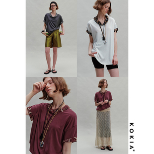 KOKIA现货 扭结领异材质拼接 定位翻折袖 宽松廓形 莫代尔混纺T恤