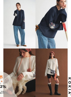 KOKIA现货 羊毛混纺 插肩袖格纹补丁 松弛卷边宽松廓形针织毛衣