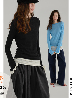 KOKIA现货 明星同款羊毛乱花肌理paisley提花一字领假两件微喇长t