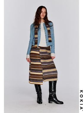 KOKIA现货 费尔岛羊毛混纺大圈圈肌理不对称拼接中长款松紧腰半裙