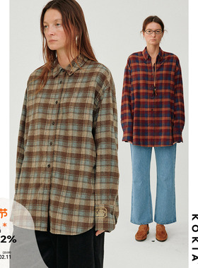 KOKIA现货 明星同款软糯磨毛City Plaid格纹廓形刺绣衬衫两色