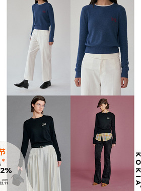 KOKIA现货 衣橱bi备 美丽诺羊毛logo刺绣 短款修身显瘦圆领毛衣