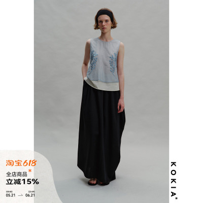 KOKIA假两件网纱绣花无袖上衣