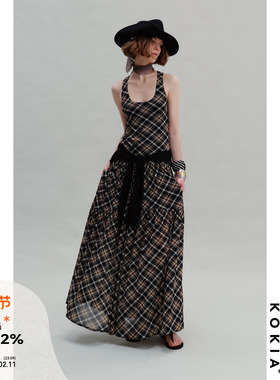 KOKIA现货 午夜图书馆 弹力网纱格纹大U领双层垂坠长款无袖连衣裙