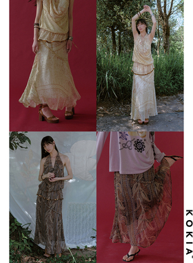 KOKIA现货 古典艺术Paisley印花雪纺缩褶花边鱼尾裙松紧腰半身裙