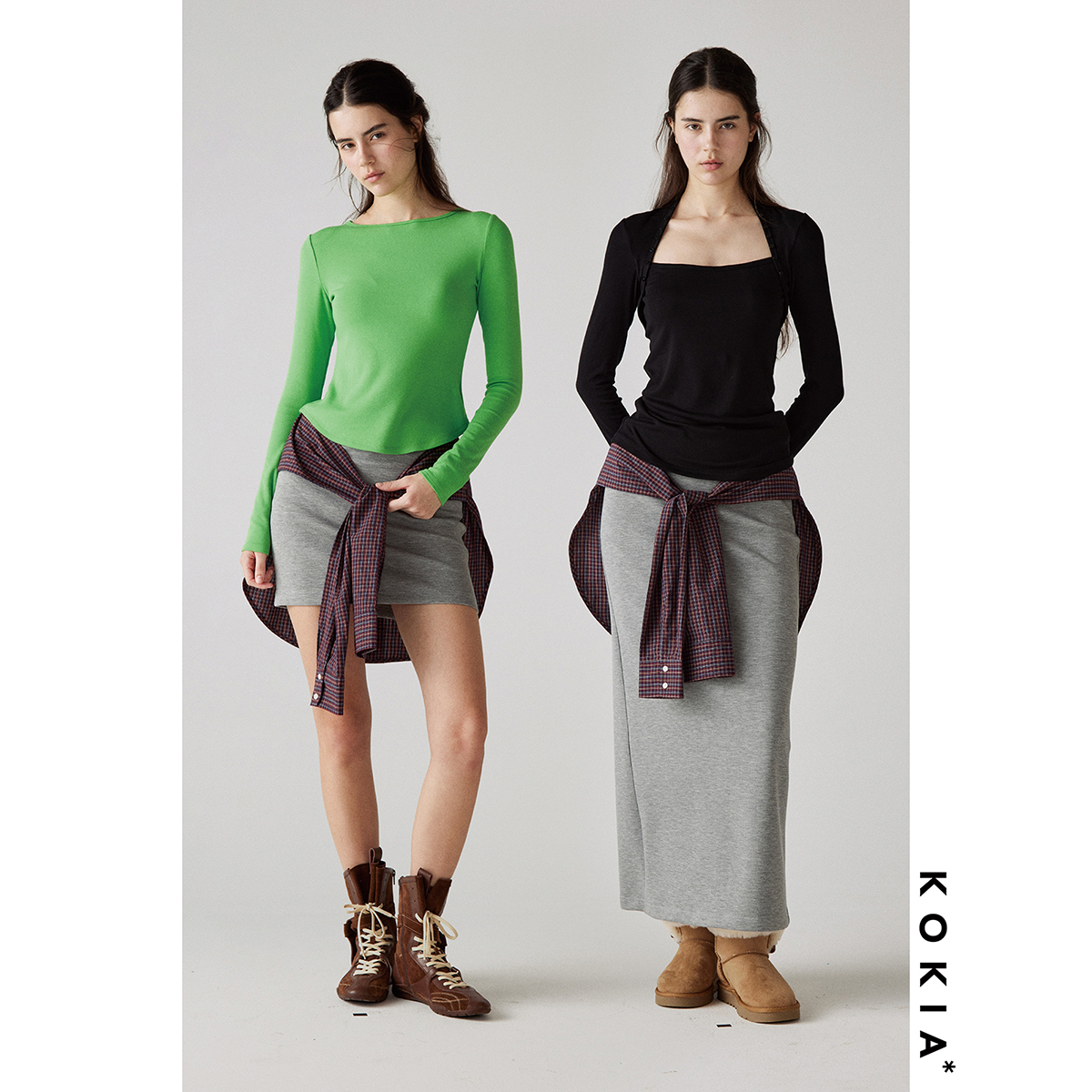 KOKIA假两件格纹衬衫绑带半裙