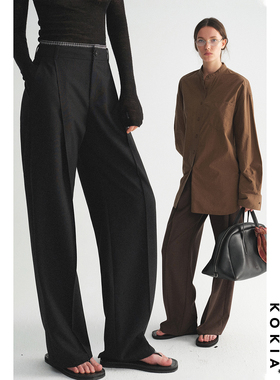 KOKIA现货 澳洲美利诺精纺羊毛格纹拼接腰头利落腿型打褶直筒西裤