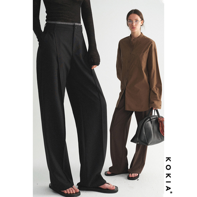KOKIA羊毛格纹拼接腰头西裤