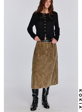 KOKIA现货 经典王牌版型 复古砂洗雪花灯芯绒 高腰直筒中长款半裙