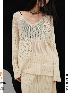 KOKIA现货 轻柔棉羊毛针织法式度假重工镂空绣花罩衫薄毛衫两色