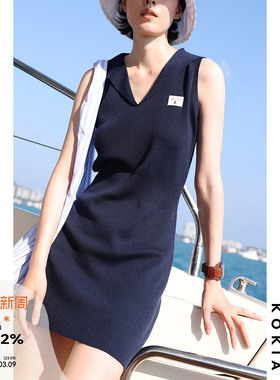 KOKIA现货 亚麻再生纤维水手领16针编织航海刺绣标收腰针织连衣裙