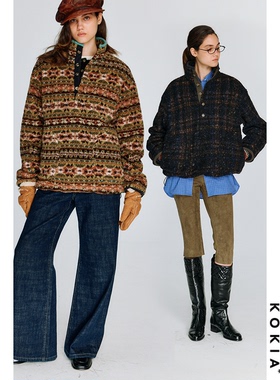 KOKIA现货 费尔岛摇粒绒 亨利领撞色包边 下摆抽绳宽松廓形卫衣