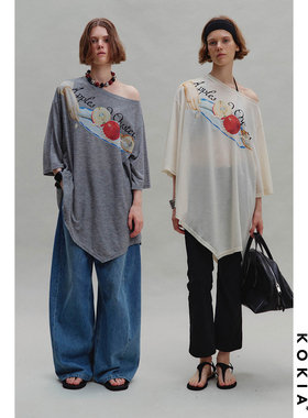 KOKIA现货 原创油画印花 “苹果和牡蛎”不规则下摆七分袖斜肩Tee