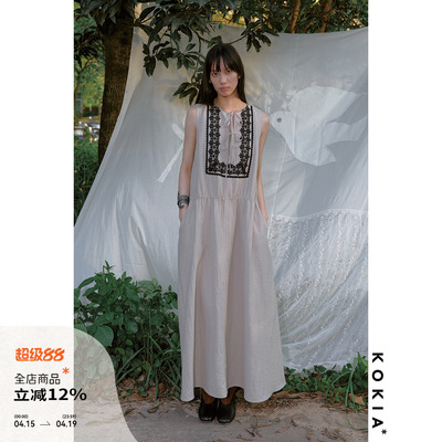 KOKIA现货 莱赛尔亚麻混纺法式古典蕾丝织带拼接无袖连衣裙两色