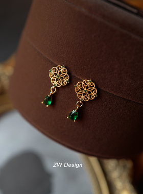 《耳钉耳夹》小轩窗中式复古祖母绿色蕾丝925耳环女气质优雅古风