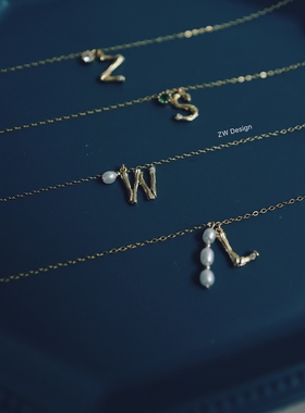 定制字母项链淡水珍珠白绿锆石