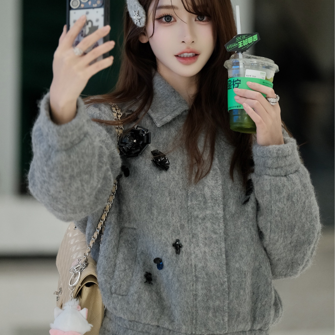 Eimismosol 25秋冬新品短款长袖毛呢花朵毛呢外套女休闲宽松夹克