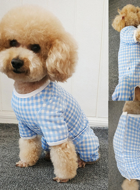 泰迪比熊狗狗四脚衣纯棉蓝色格子小清新包肚子护肚断奶绝育术春装