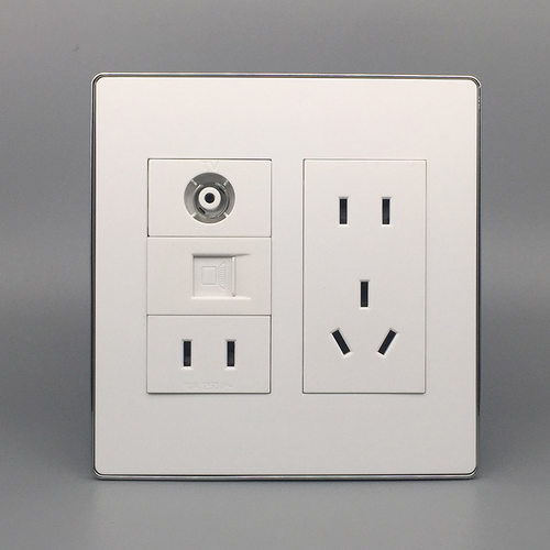 白色银边120型多功能插座面板 五孔电源+六类千兆电脑+电视TV插座