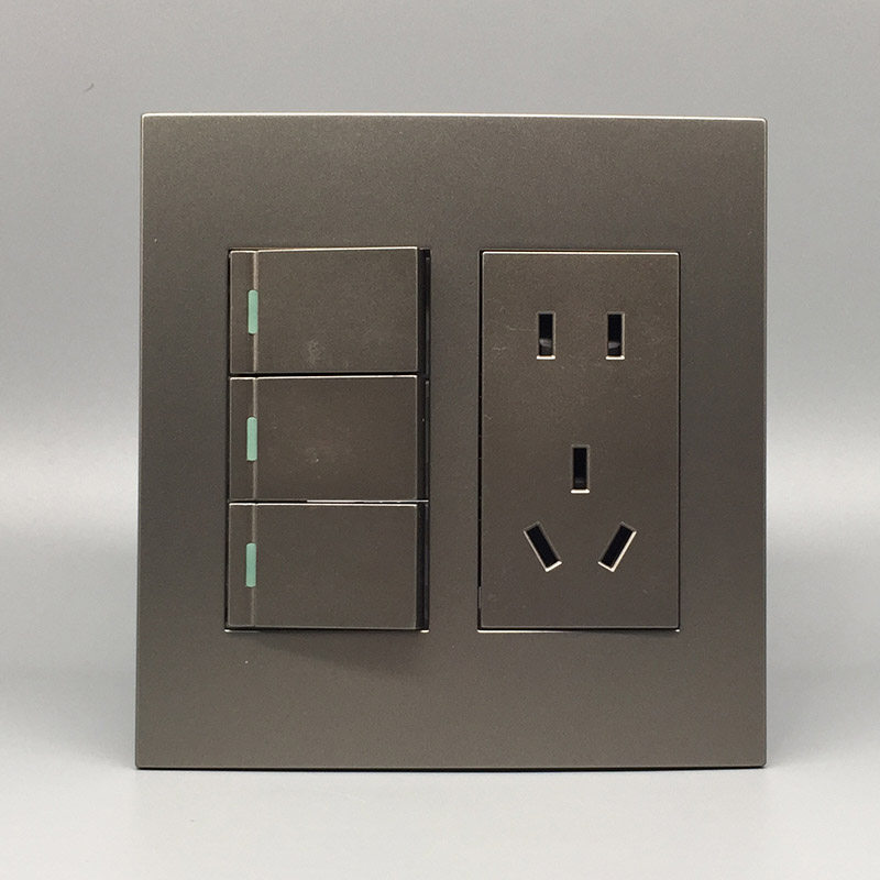 灰色120型 三开双控带五孔插座3开双控5孔电源三位开关5眼10A面板