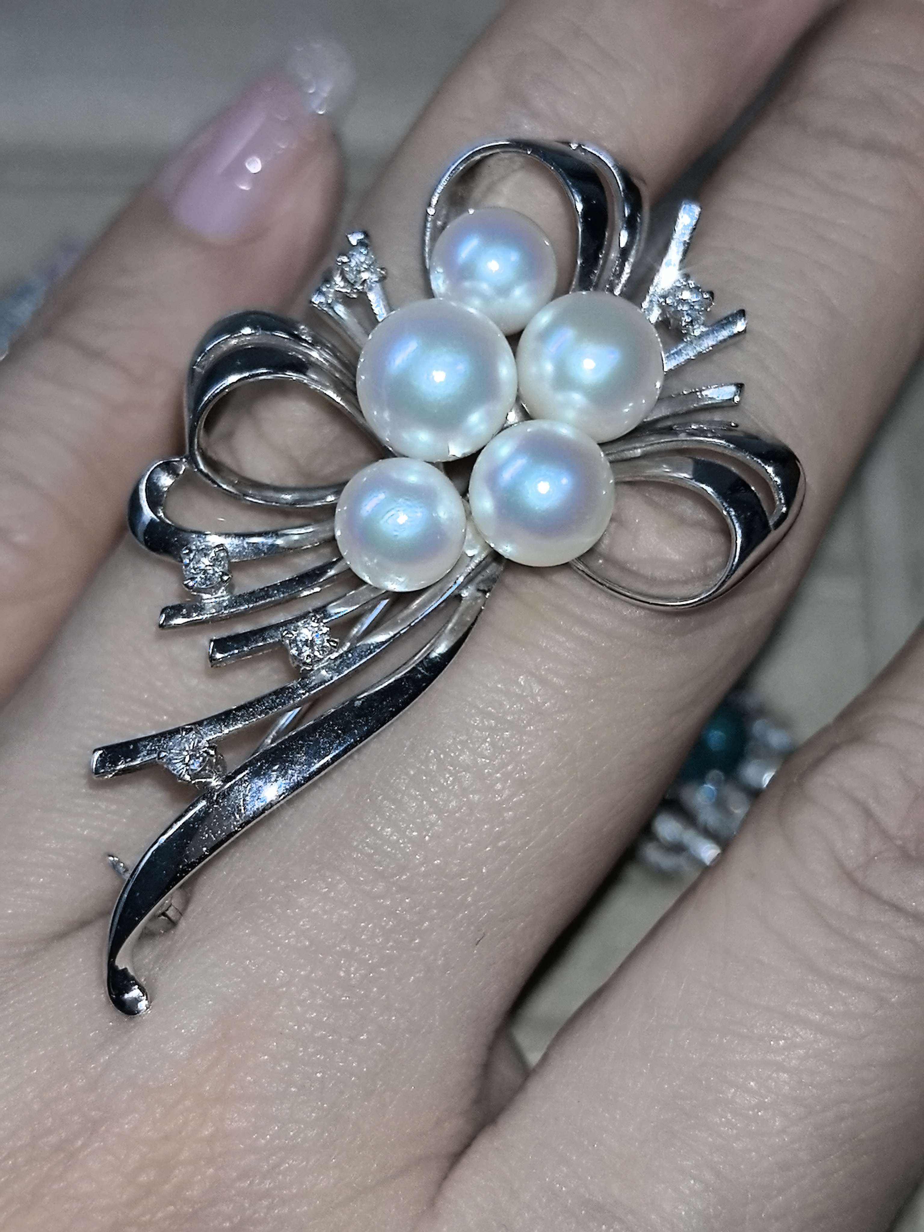 M家正品 天然钻石胸针14K白金钻石镶嵌海水珍珠Akoya天女级别正圆