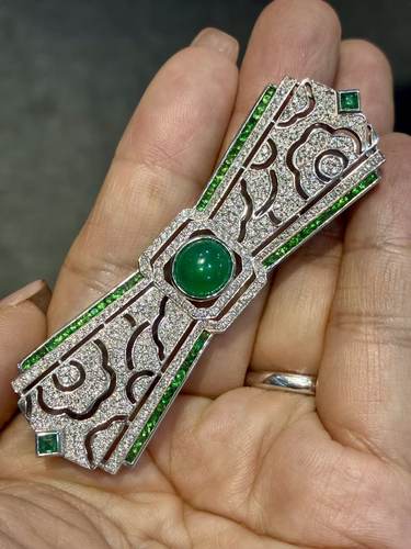 小万捡漏Art deco风格收藏级设计款 天然祖母绿大胸针18k金镶钻石