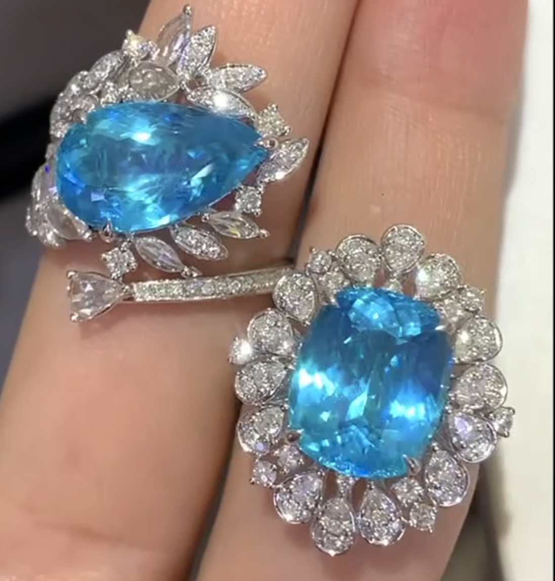 收藏级全净5克拉水滴帕拉伊巴碧玺钻石戒指18k白金霓虹蓝AIGS证书