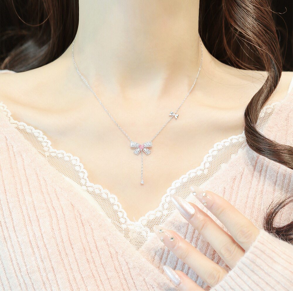 S925纯银流苏蝴蝶结项链女森银饰项链