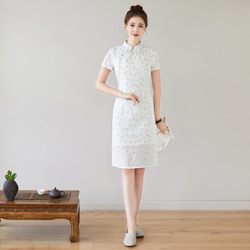 莨帛 夏中国风文艺清新少女复古纯棉茶服中式立领短袖旗袍连衣裙