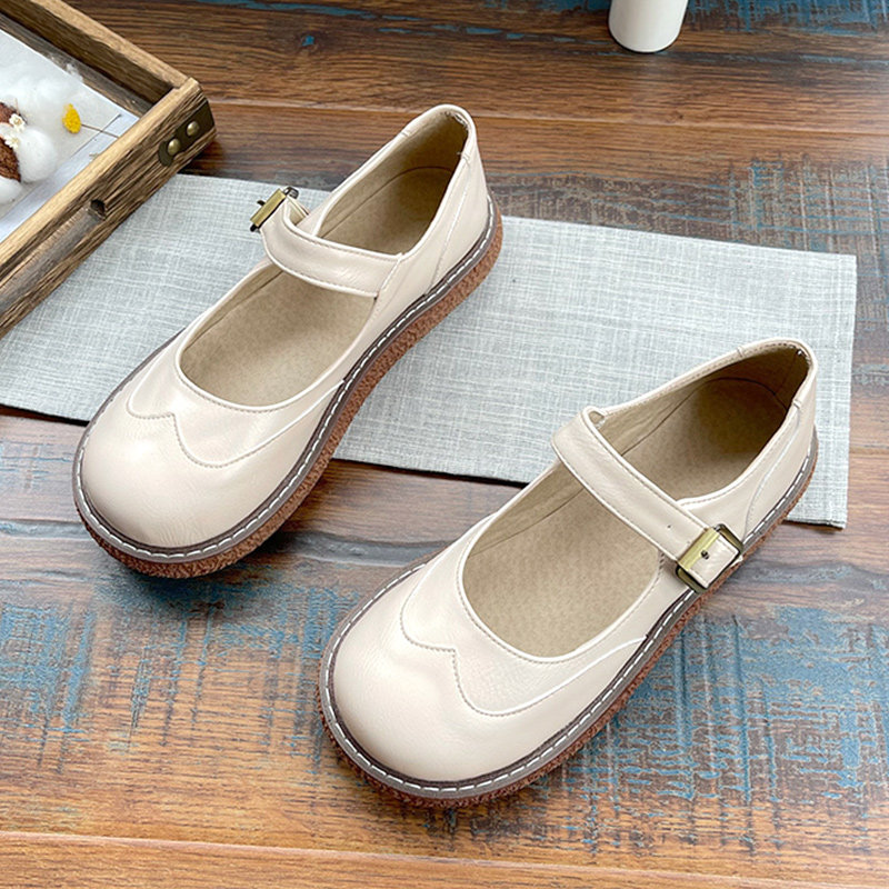 2022新款单鞋日系圆头娃娃鞋百搭厚底小皮鞋学院风低跟纯色复古鞋