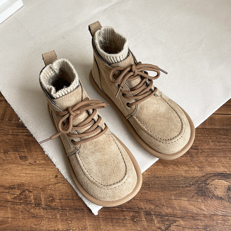 森系文艺毛线口袜靴2025秋冬新款舒适平跟软底磨砂短靴马丁靴女靴,女鞋,马丁靴,淘宝优惠券,粉丝福利购,淘宝优惠卷