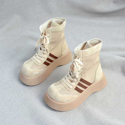 真皮松糕厚底女凉靴网面薄款短靴