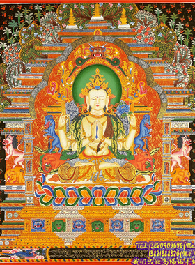 T齐岗派矿彩24k金手绘藏密佛卡观想唐卡禅意客厅装饰挂画四臂观音