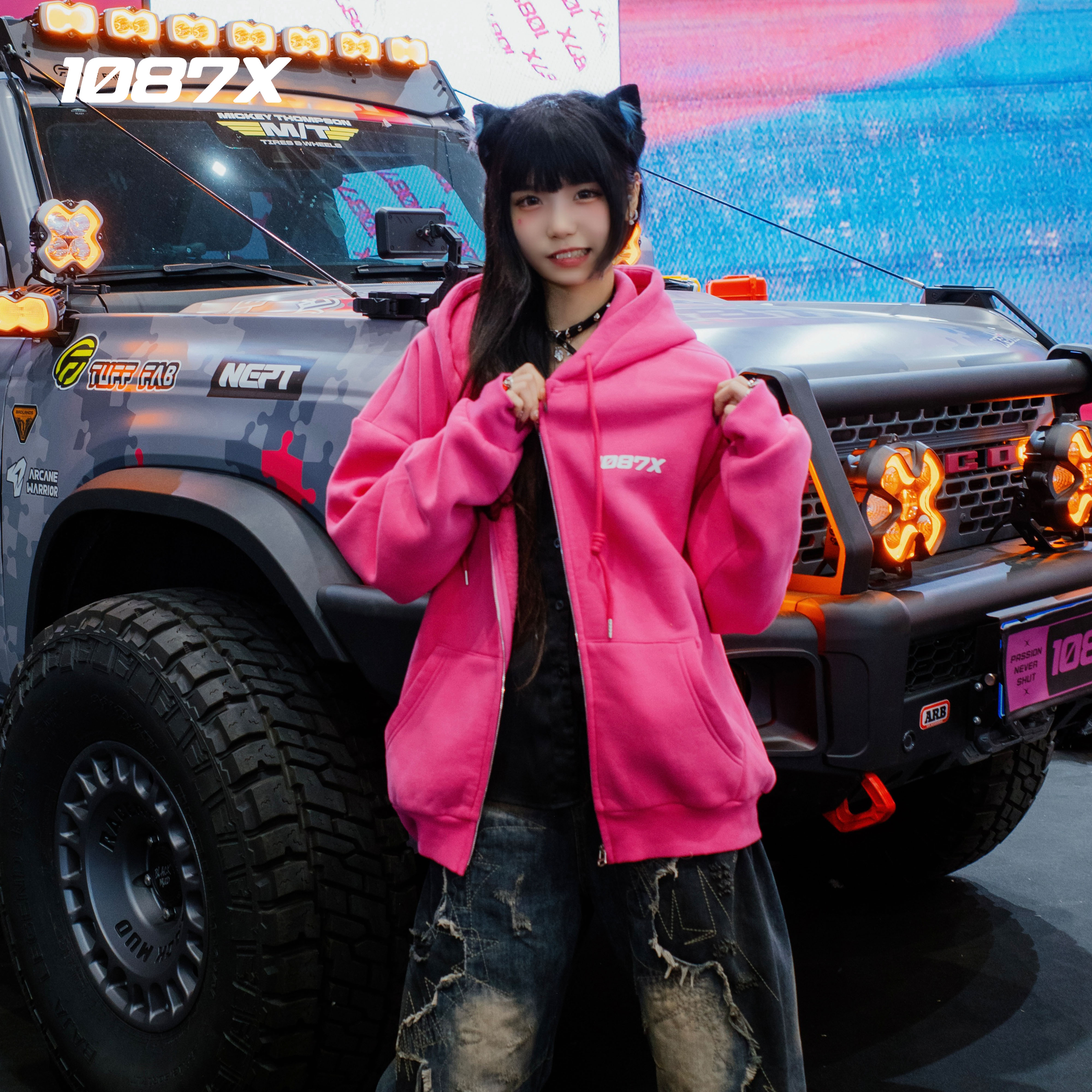 1087X秋冬新款经典玫红色宽松重磅拉链落肩美式休闲潮流卫衣