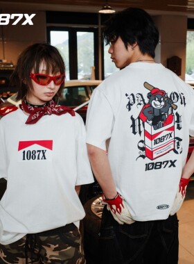 1087X溜溜哥同款春夏新品恶搞Marlboro小熊美式宽松印花休闲T恤
