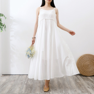 文艺范长裙子到脚踝宽松旅行设计感小众 白色棉麻吊带连衣裙女夏季