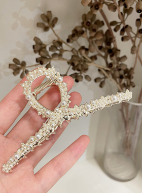 韩国进口nyu.nyu优雅珍珠交叉合金抓夹甜美后脑勺盘发鲨鱼夹大号