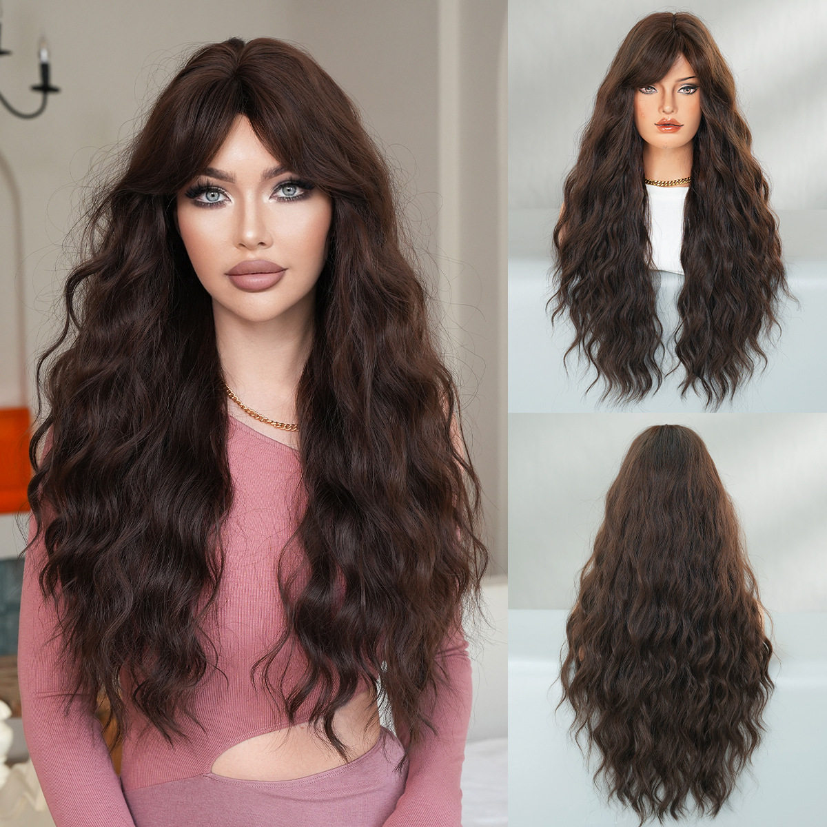 欧美假发女斜刘海长卷发假发套蓬松仿真发乌茶棕色大波浪长发wigs