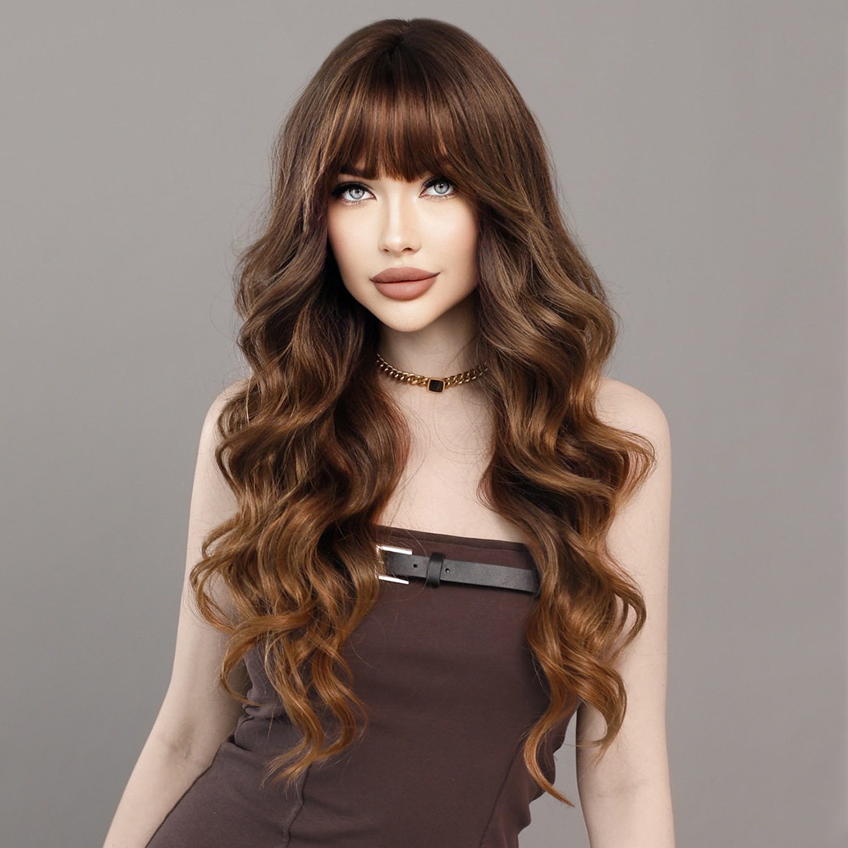 欧美假发女齐刘海大波浪假发全头套棕金渐变长卷发Highlight Wigs