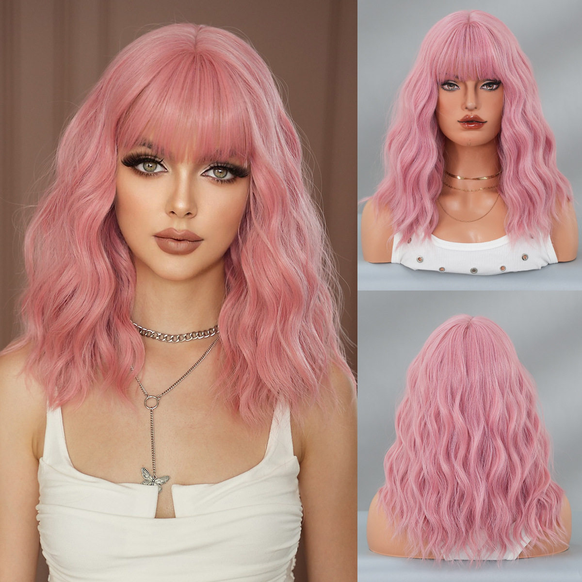 动漫COS假发女齐刘海短卷发假发套甜美粉色水波纹短发齐肩发wigs