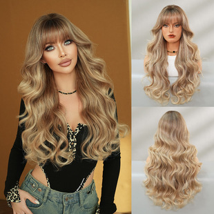 辣妹假发女空气刘海长卷发假发头套金色挑染大波浪长发Curly Wigs